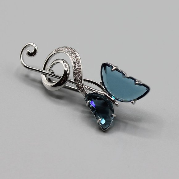 Jewelry pin brooch butterfly music note silver blue crystals elegant beautiful - Picture 8 of 10